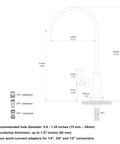 Top Shelf Stainless Steel Drinking Water Faucet For Under Sink Water Filter System Featuring Smooth Flow Non Air Gap RO Design dimensions and connectors.