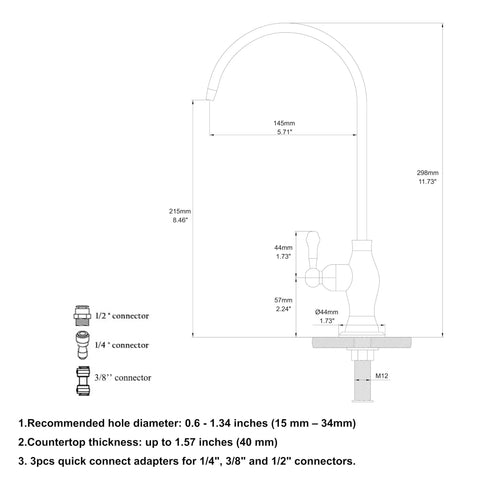 Top Shelf Stainless Steel Drinking Water Faucet For Under Sink Water Filter System Featuring Smooth Flow Non Air Gap RO Design dimensions and connectors.