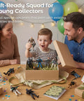 Child opening gift box with 12 Piece Elite Army Men Action Figures Set With Working Military Dogs And Weapons Accessories For Kids