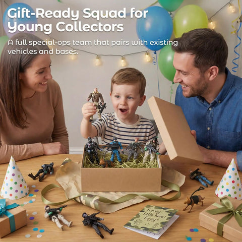 Child opening gift box with 12 Piece Elite Army Men Action Figures Set With Working Military Dogs And Weapons Accessories For Kids