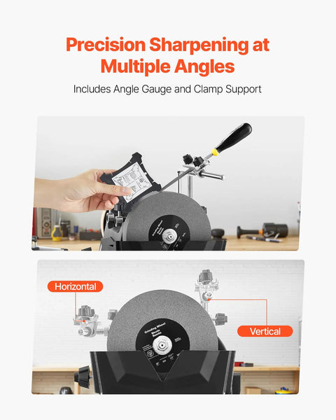 Precision sharpening setup with angle gauge on Shop Grade 8 Inch Wet Stone Grinder, Water Cooled Knife Sharpening Machine.
