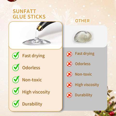 Comparison chart highlighting features of Sunfatt Glue Sticks vs Other. Crystal Clear Hot Glue Sticks 8 Inch By 0.43 Inch 30 Pack For Hot Glue Gun Crafter Favorite Bond On Wood Plastic Glass Fabric Foam Jewelry Easy Fast Mess Free Crafting At Home.