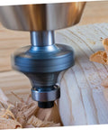 Router Bit Bearing Guide Kit in action, showing top-mount durable steel bearings on wood surface. Vertical view, precision woodworking tool.