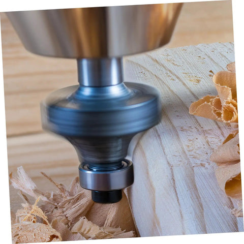 Router Bit Bearing Guide Kit in action, showing top-mount durable steel bearings on wood surface. Vertical view, precision woodworking tool.