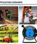 Heavy Duty Extension Cord Reel With 4 Grounded Outlets Open Cord Roller for garages and workshops, shown near tools and outdoor work.