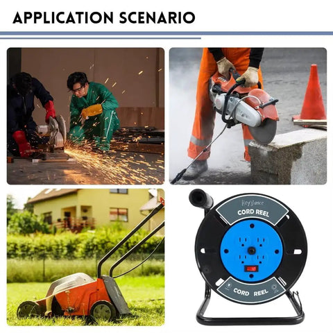 Heavy Duty Extension Cord Reel With 4 Grounded Outlets Open Cord Roller for garages and workshops, shown near tools and outdoor work.