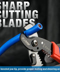 Close-up of 2 In 1 Wire Stripper And Cable Cutter for Multi Core Round and Coaxial Wires cutting blue wire