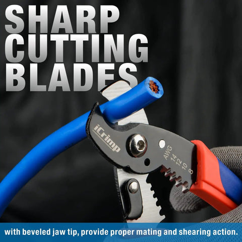 Close-up of 2 In 1 Wire Stripper And Cable Cutter for Multi Core Round and Coaxial Wires cutting blue wire