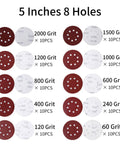 100 Pack Five Inch Eight Hole Sanding Discs Grit From 60 To 2000 For Wood Metal Paint Auto Body DIY Buffing And Polishing