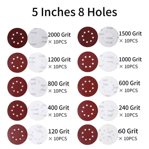 100 Pack Five Inch Eight Hole Sanding Discs Grit From 60 To 2000 For Wood Metal Paint Auto Body DIY Buffing And Polishing