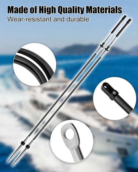 Close-up of 15Ft GEN I Outboard Throttle And Shift Cables Set with attachments, designed for Mercury, MerCruiser, Mariner engines.