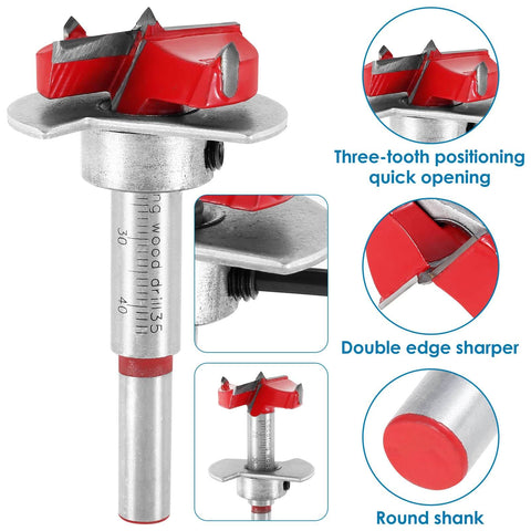 Concealed Hinge Jig for 35mm Hinge Drilling Guide Woodworking with bit and red metal head, close-up view.