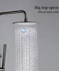 Wall Mounted Thermostatic Shower System Combo Set With 12 Inch Rainfall Head And Handheld Sprayer Temperature Stabilizing Bathroom Faucet Gray Brass Finish showcasing a large top spray with silicone water outlet.