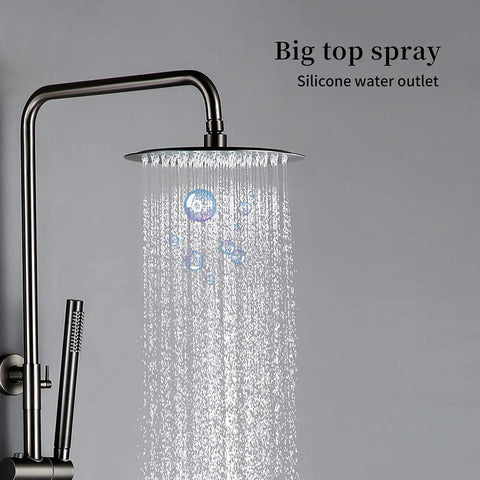 Wall Mounted Thermostatic Shower System Combo Set With 12 Inch Rainfall Head And Handheld Sprayer Temperature Stabilizing Bathroom Faucet Gray Brass Finish showcasing a large top spray with silicone water outlet.