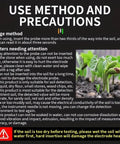 Instructions and precautions for using Three In One Soil Test Kit with moisture meter, pH meter, and fertility tester for plants.
