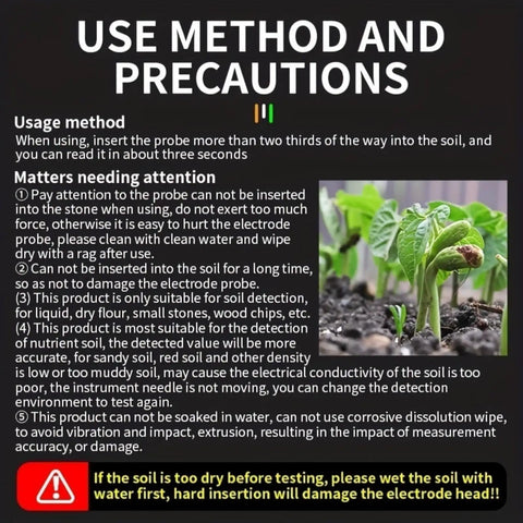 Instructions and precautions for using Three In One Soil Test Kit with moisture meter, pH meter, and fertility tester for plants.