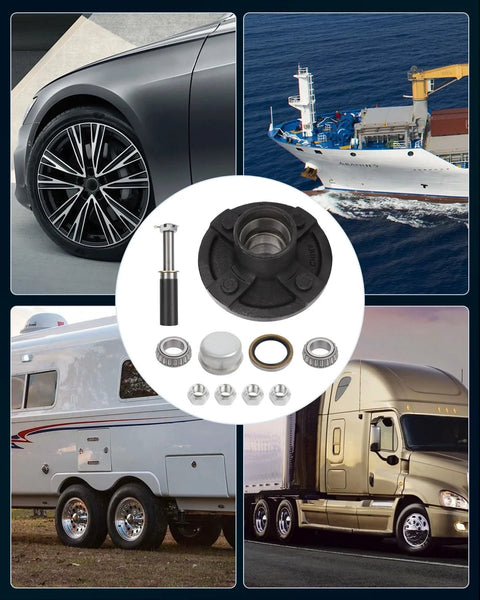 Trailer hub kit with black-painted idler hub for 4-lug boat trailer; includes bearings, seals, caps and hardware