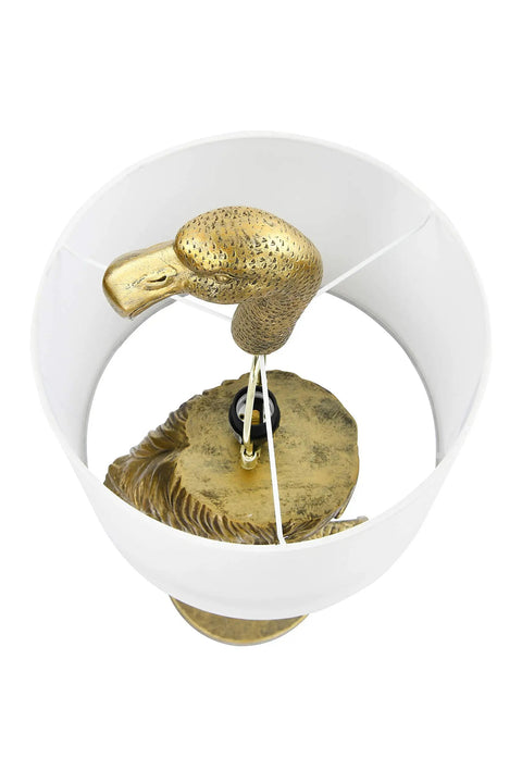 Top view of Whimsical Resin Flamingo Table Lamp With Linen Shade In Gold Finish, showcasing flamingo head inside linen shade.