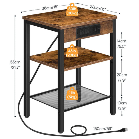 Space Saver Side Table With Built In Charging Station And USB Type C Port 3 Tier Nightstand For Small Spaces Adjustable Shelf Rustic Brown Finish 59 Inch Power Cord Perfect For Living Room Or Bedroom showing dimensions and weight limits