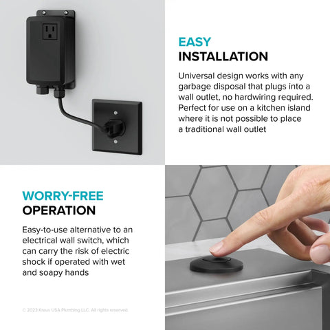 Easy Install Garbage Disposal Air Switch Kit in Matte Black shown with power cord and push button on countertop.