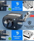 Frameless Glass Door Lock With Grip Tight Clamp Design, Zero Drill Install Required, 304 Stainless Steel, Brushed Black Finish, Heavy Duty Build, Rock Solid Security, Fits Quarter To Half Inch Glass, Easy Peasy Setup For Modern Homes showing pressure-resistant features and double security system.