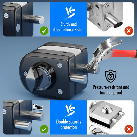 Frameless Glass Door Lock With Grip Tight Clamp Design, Zero Drill Install Required, 304 Stainless Steel, Brushed Black Finish, Heavy Duty Build, Rock Solid Security, Fits Quarter To Half Inch Glass, Easy Peasy Setup For Modern Homes showing pressure-resistant features and double security system.