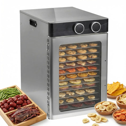 Top Shelf Electric Food Dehydrator Featuring Twelve Heavy Duty Stainless Steel Trays And A Ripping 1200 Watt Motor For Flawless 360 Heat Flow drying fruits and jerky.