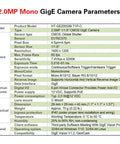 2.0MP Mono GigE Camera Parameters with CMOS Global Shutter, 1600x1200 resolution, 60 FPS, C-Mount, fits in the Industrial Gigabit Ethernet Camera