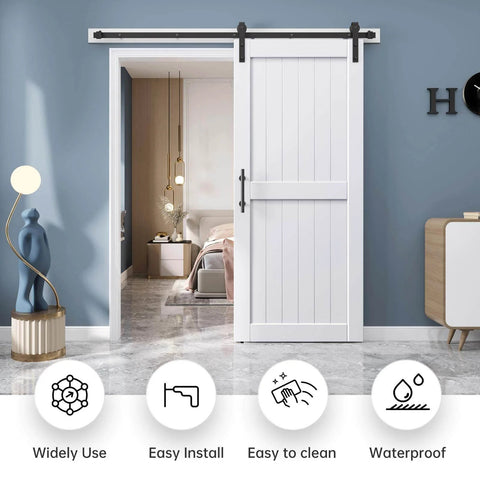 White Barn Door 38 X 84 Inches With Sliding Door Hardware Kit Included, installed, showing space-saving modern farmhouse look