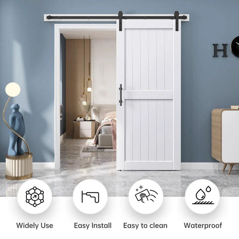 Slick White Barn Door With Solid Wood Core And Waterproof Vinyl Panel Including H Frame Sliding Hardware Kit Plus Handle for installation in modern interior.