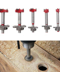 Five Piece Forstner Drill Bit Set Featuring Adjustable Depth Range Premium Woodworking Hole Saws and Sharp Wood Cutters, displayed with drill in wood.