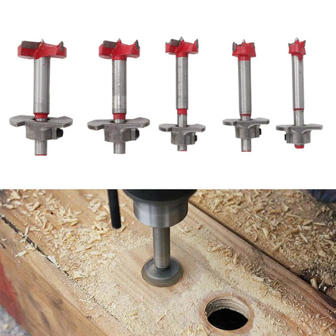 Five Piece Forstner Drill Bit Set Featuring Adjustable Depth Range Premium Woodworking Hole Saws and Sharp Wood Cutters, displayed with drill in wood.