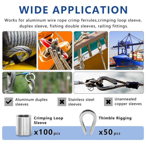 Handy Two In One Wire Rope Crimping And Cutting Tool For One Sixteenth To One Eighth Inch Cables With One Hundred Aluminum Loop Sleeves And Fifty M3 Thimbles, Heavy Duty Rigging Kit For Fast Crimps And Clean Cuts shown with wire applications and sleeve samples.