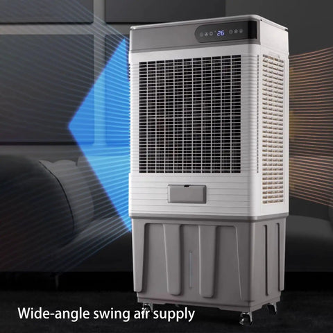 Portable Evaporative Air Cooler With Dual Water Tank And Three Fan Speeds For Bedroom And Home Office Featuring A Twelve Hour Timer with wide-angle air supply.