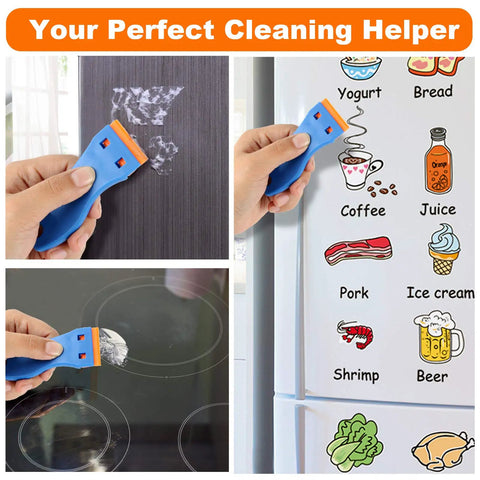 Plastic Razor Blade Scraper Set With 2 Scrapers And 60 Replacement Blades used on fridge and stove, ergonomic blue handle.