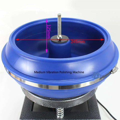 Close-up of an Electric Vibrating Polisher Kit For Metal Parts Pro Grade Rock Roller Tumbler with blue bowl and heavy duty load capacity