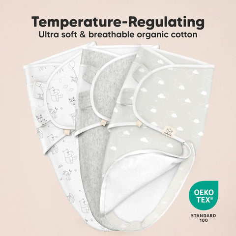 Newborn Swaddles With Zippers Three Pack Sleep Sack Set For Cozy Hip Healthy Growth, organic cotton swaddles in soft colors.