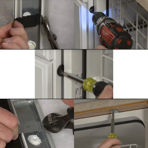 Installation of dishwasher mounting brackets kit with screws for easy install and durable hardware, DIY friendly, no wobble.