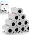 57mm Thermal Paper Rolls, White, Non Adhesive, 10 Roll Pack For Mini Printers And Instant Cams, 8.5m Each Roll, 30mm Diameter Core 0.6in, BPA/BPS Free, Fade Resistant, Images Last Up To 10 Years, shown with mini printer and stacked rolls