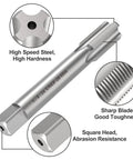 Close-up of high-speed steel 5/8-24 UNEF Tap with sharp, durable blades and square head for metalworking threads.