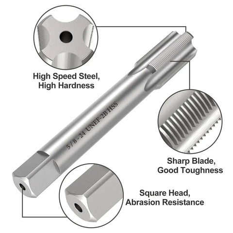 Close-up of high-speed steel 5/8-24 UNEF Tap with sharp, durable blades and square head for metalworking threads.