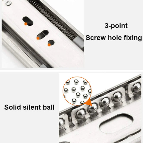 Close-up of Smooth Glide Drawer Runners With Metal Ball Bearings Push To Open Three Section Slides Anti Collision Rubber Pads