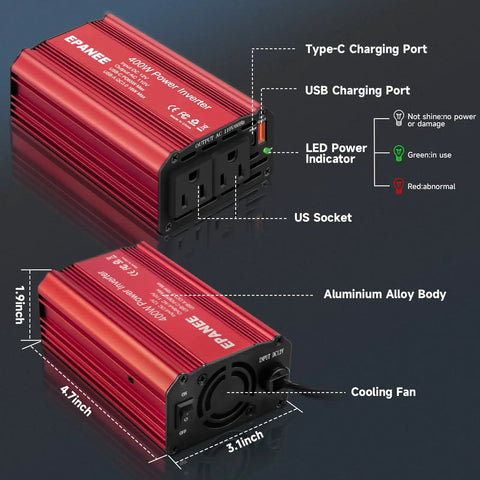 Ride Ready 12V DC To 110V AC Car Power Inverter 400W with USB ports and aluminum body, ideal for van life and travel.