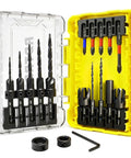 18 Piece Countersink Drill Bit Set With HSS Tapered Bits And Wood Plug Cutters, 1/4 Inch Hex Shank in open storage box