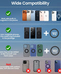 Wide compatibility chart for MagSafe Car Phone Holder With All Metal Aluminum Alloy Build 360 Degree Rotating Tough As Nails Yet Sleek Ultra Stable Suction Cup And Reusable Gel Dashboard Or Windshield Mount For iPhone 17 Through 12 Pixel Samsung And Android