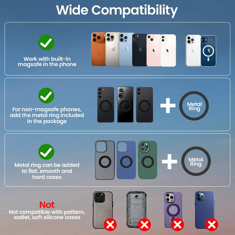 Wide compatibility chart for MagSafe Car Phone Holder With All Metal Aluminum Alloy Build 360 Degree Rotating Tough As Nails Yet Sleek Ultra Stable Suction Cup And Reusable Gel Dashboard Or Windshield Mount For iPhone 17 Through 12 Pixel Samsung And Android