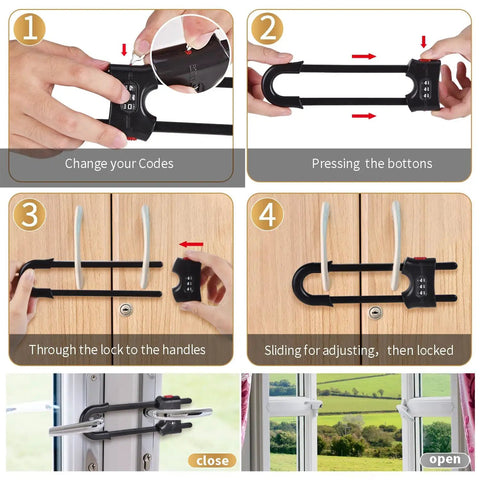 Four Pack Heavy Duty U Shape Cabinet Locks With Adjustable Password Latches demonstrated, showing code change and lock installation steps.