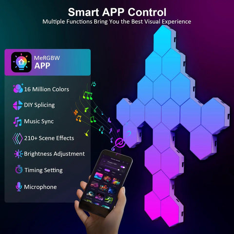 Hexagon RGB LED Wall Panels Lights For Game Room And Bedroom with smart app control and 16 million colors, remote control shown