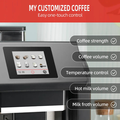 Hassle Free Fully Automatic Espresso Maker With Integrated Grinder And Fast Foam Milk Frother Sleek Touchscreen control panel showing customization options.