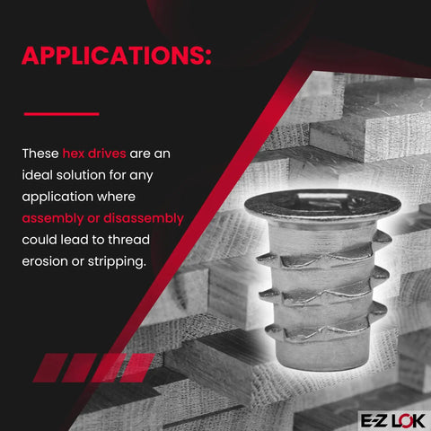 Soft Wood Threaded Inserts With Zinc Hex Flange, 1/4-20 Internal Threads, 13mm Length, shown in stacked configuration